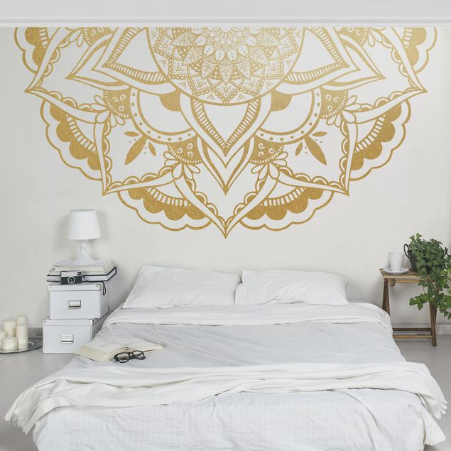 Papel pintado moderno Mandala Flower Semicircle Gold White