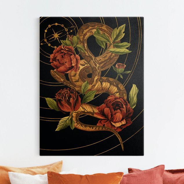Lienzos de rosas Snake With Roses Black And Gold IV