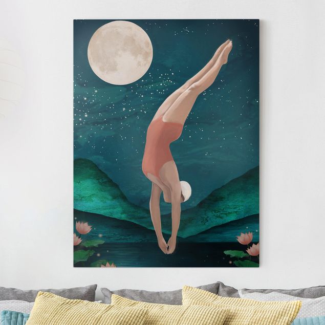 Cuadros Illustration Bather Woman Moon Painting