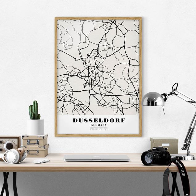 Pósters enmarcados en blanco y negro Dusseldorf City Map - Classic