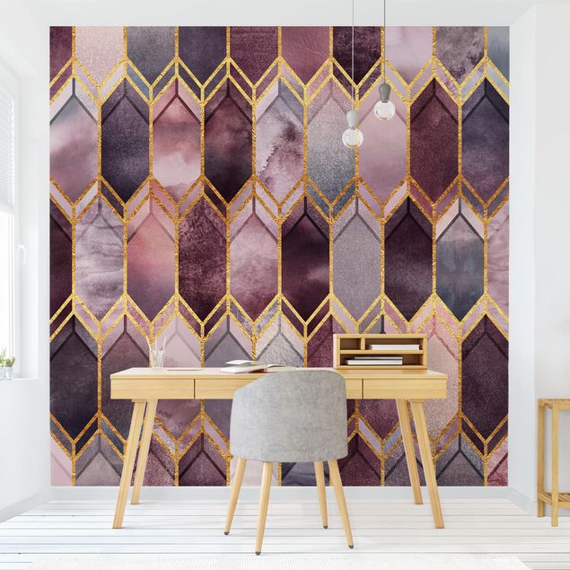 Papel pintado salón moderno Stained Glass Geometric Rose Gold