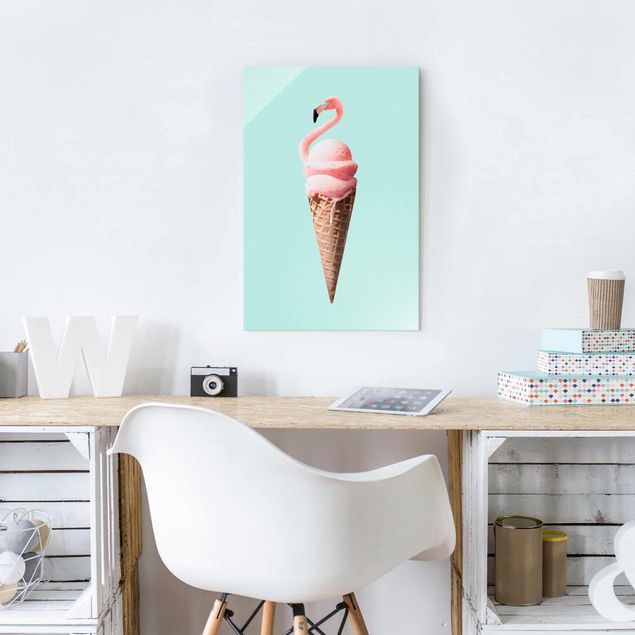 Cuadros de cristal animales Ice Cream Cone With Flamingo