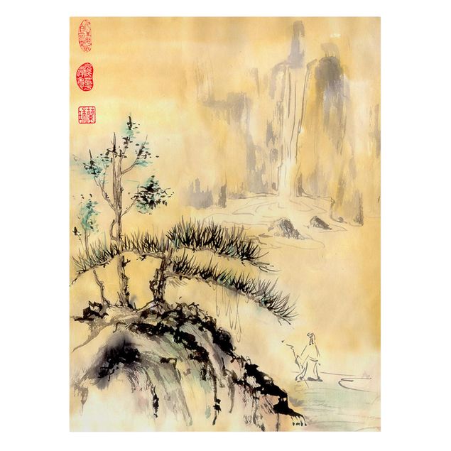 Cuadros de paisajes de montañas Japanese Watercolour Drawing Cedars And Mountains