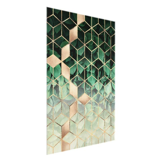 Cuadros de cristal abstractos Green Leaves Golden Geometry