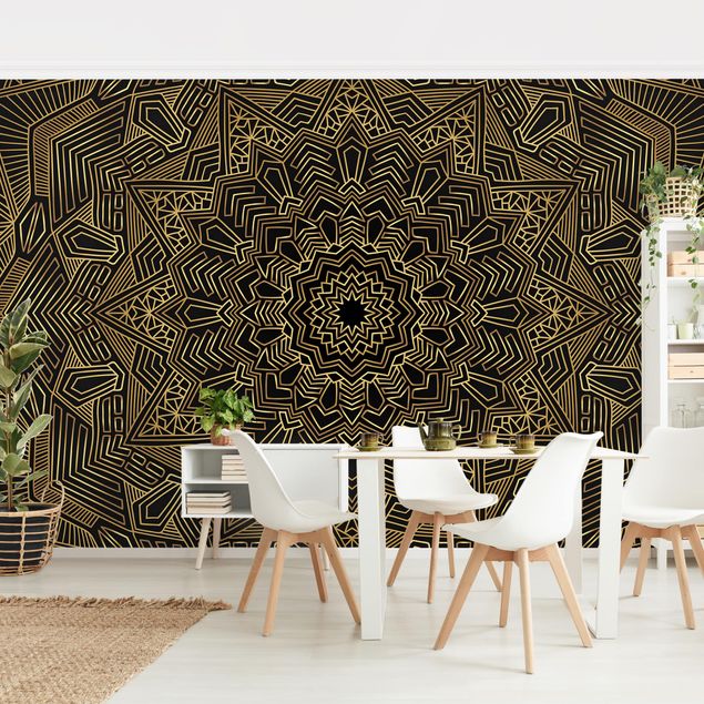 Papel pintado salón moderno Mandala Star Pattern Gold Black