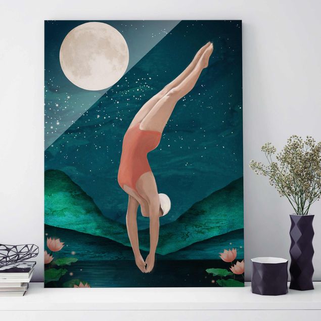 Tableros magnéticos de vidrio Illustration Bather Woman Moon Painting