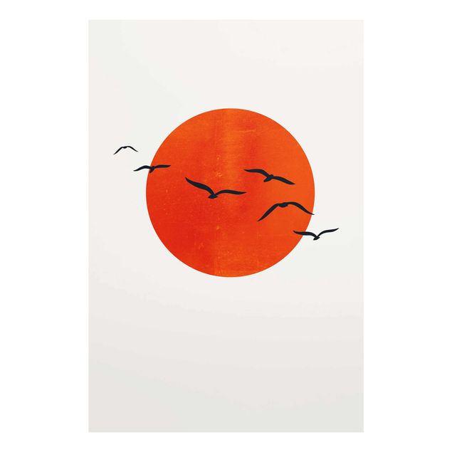 Cuadros de cristal animales Flock Of Birds In Front Of Red Sun I