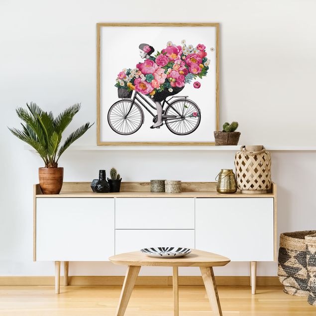Cuadros de plantas Illustration Woman On Bicycle Collage Colourful Flowers