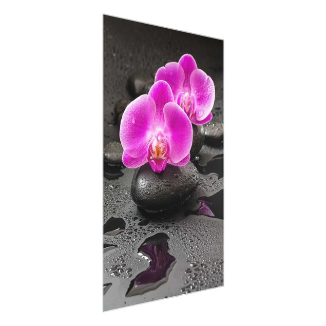 Cuadros de cristal flores Pink Orchid Flower On Stones With Drops