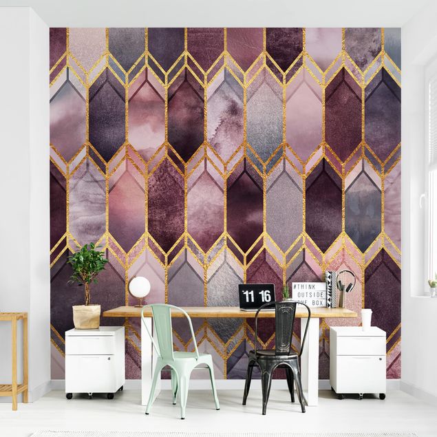 Papel pintado con patrones Stained Glass Geometric Rose Gold