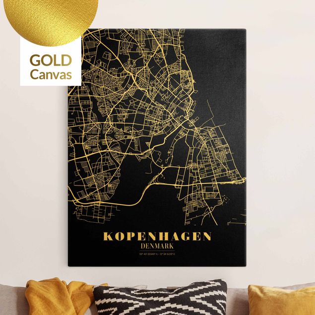 Lienzos en blanco y negro Copenhagen City Map - Classic Black