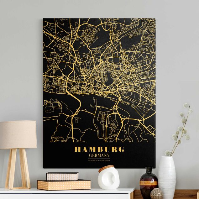 Lienzos en blanco y negro Hamburg City Map - Classic Black