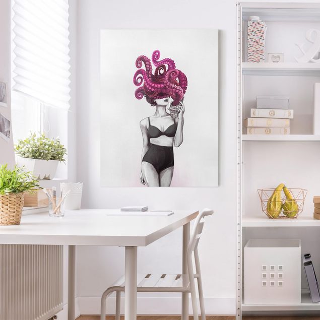 Lienzos de peces Illustration Woman In Underwear Black And White Octopus