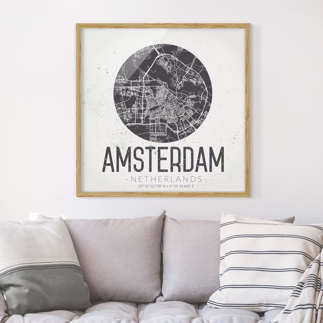 Pósters enmarcados en blanco y negro Amsterdam City Map - Retro
