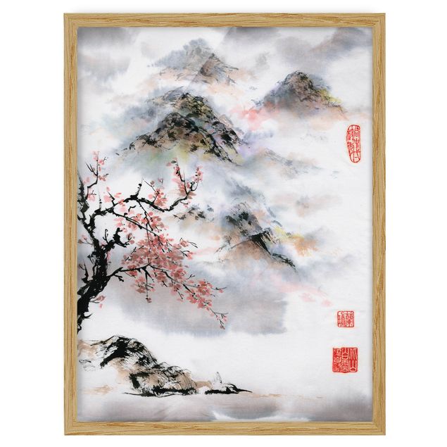 Cuadro con paisajes Japanese Watercolour Drawing Cherry Tree And Mountains