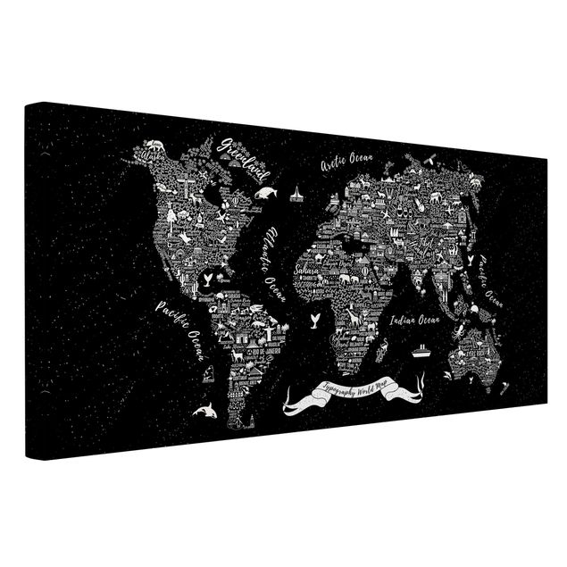 Lienzo mapamundi Typography World Map Black