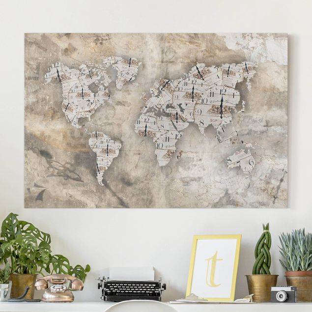Lienzos efecto piedra Shabby Clocks World Map