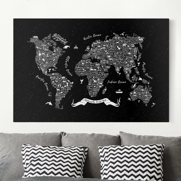 Lienzos de ciudades Typography World Map Black