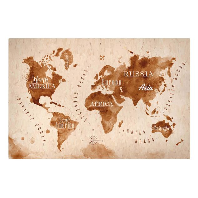 Cuadros en tonos beige y marrón World Map Watercolour Beige Brown