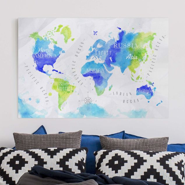 Decoración de cocinas World Map Watercolour Blue Green