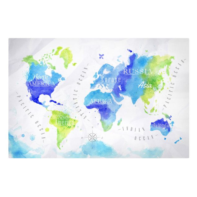 Cuadros azules World Map Watercolour Blue Green
