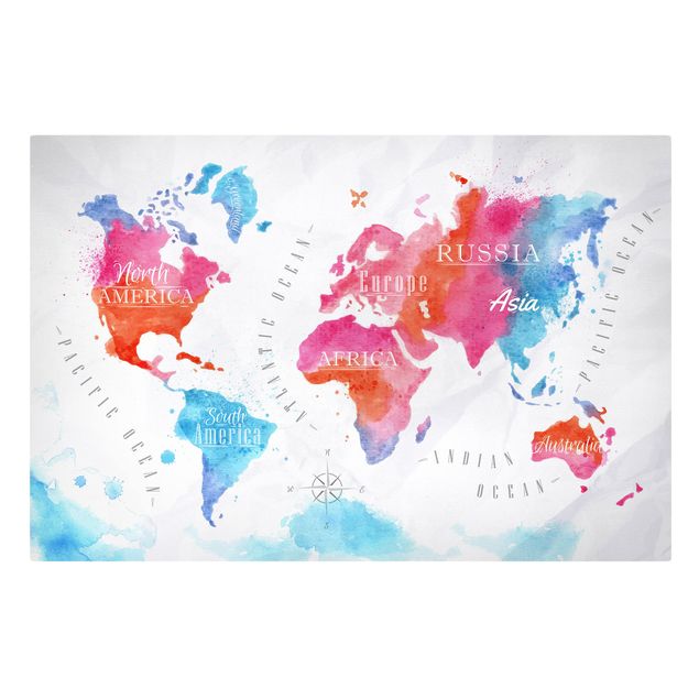 Cuadros en tonos azules World Map Watercolour Red Blue