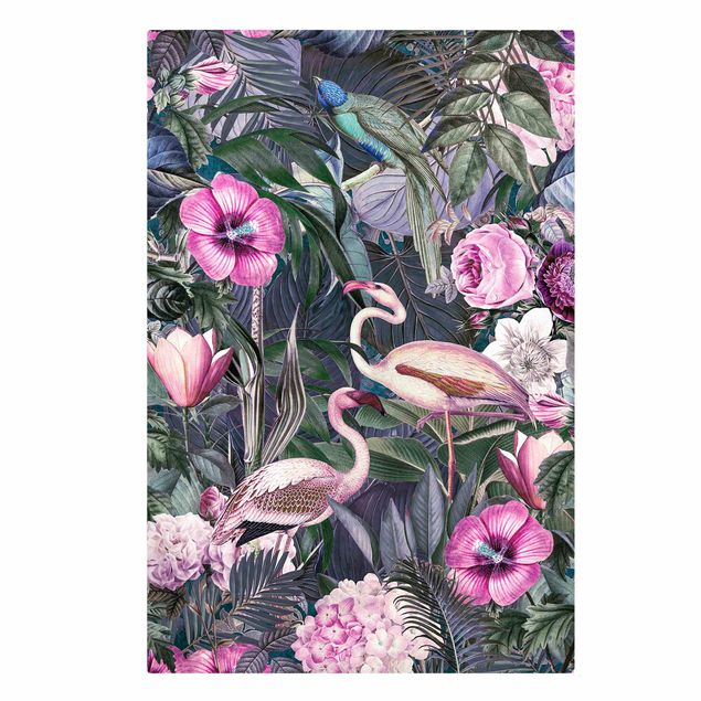 Lienzos de flores Colourful Collage - Pink Flamingos In The Jungle