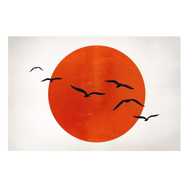 Lienzos de cuadros famosos Flock Of Birds In Front Of Red Sun I