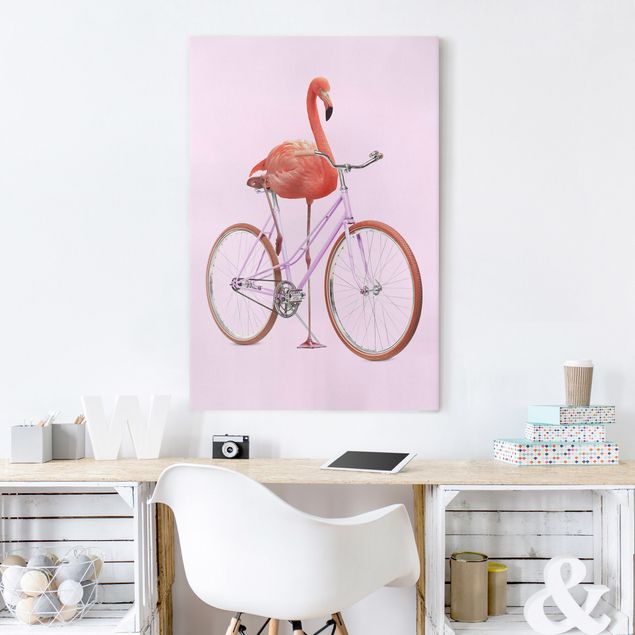 Lienzos de aves Flamingo With Bicycle