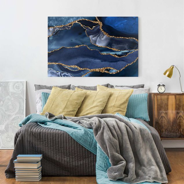 Lienzos de cuadros famosos Golden Glitter Waves Blue Backdrop