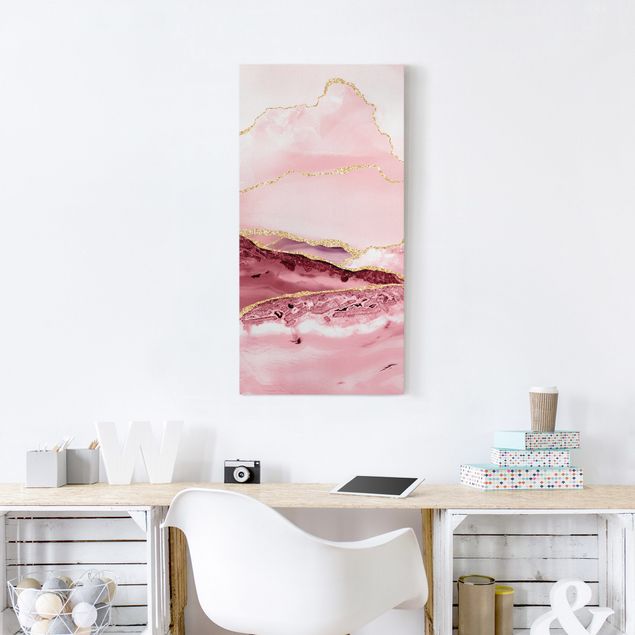 Lienzos efecto piedra Abstract Mountains Pink With Golden Lines