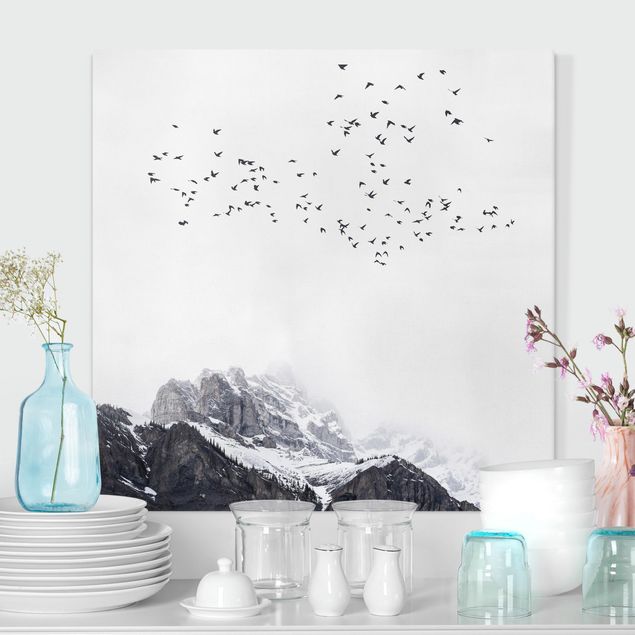Decoración de cocinas Flock Of Birds In Front Of Mountains Black And White