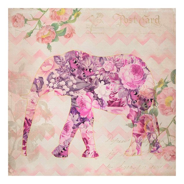 Lienzos de mariposas Vintage Collage - Pink Flowers Elephant