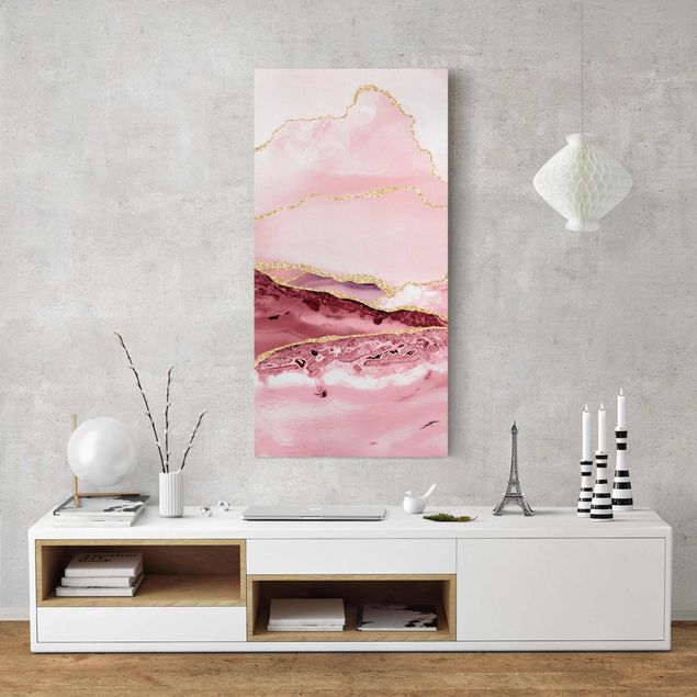Lienzos de montañas Abstract Mountains Pink With Golden Lines
