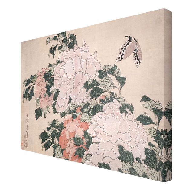 Estilos artísticos Katsushika Hokusai - Pink Peonies With Butterfly