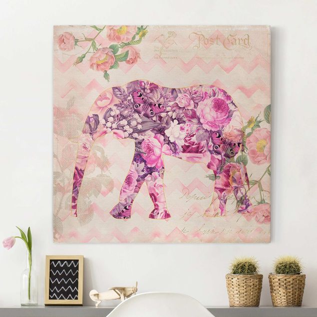 Lienzos de elefantes Vintage Collage - Pink Flowers Elephant