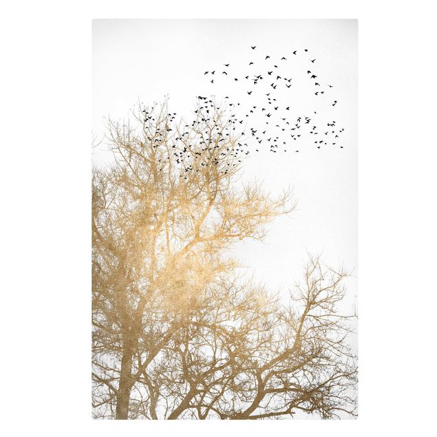 Lienzos de cuadros famosos Flock Of Birds In Front Of Golden Tree