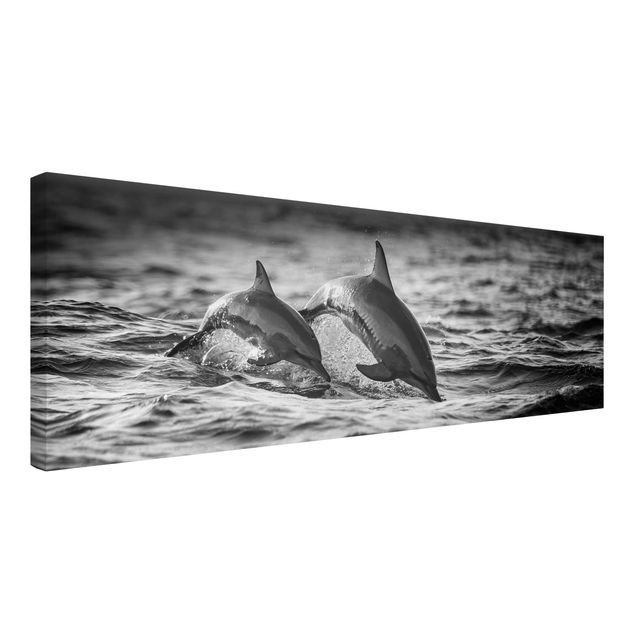 Lienzos en blanco y negro Two Jumping Dolphins
