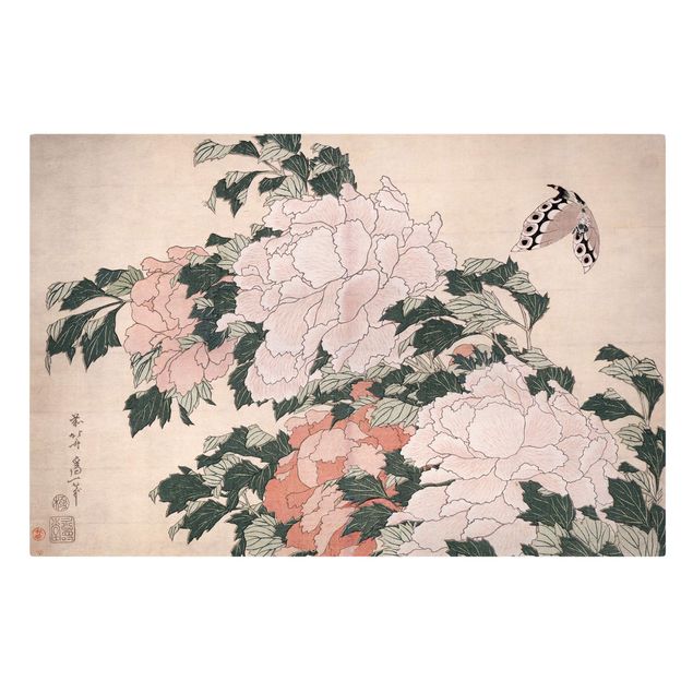 Cuadros de mariposas modernos Katsushika Hokusai - Pink Peonies With Butterfly