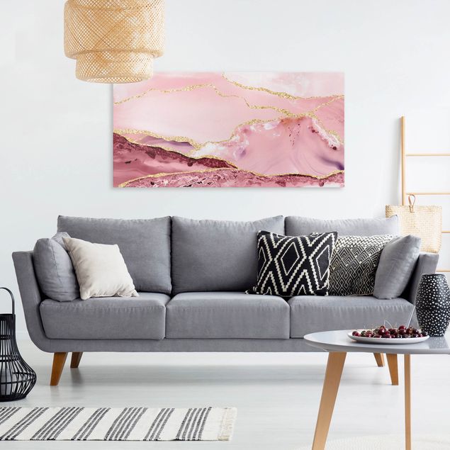 Lienzos efecto piedra Abstract Mountains Pink With Golden Lines