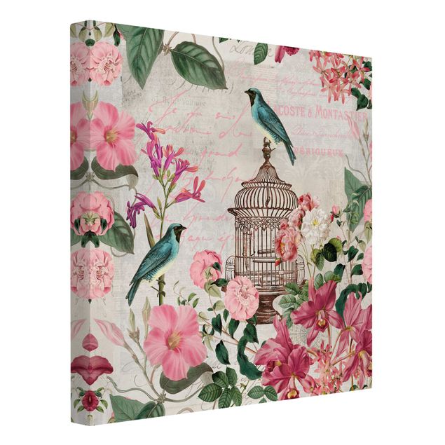 Cuadros de plantas naturales Shabby Chic Collage - Pink Flowers And Blue Birds