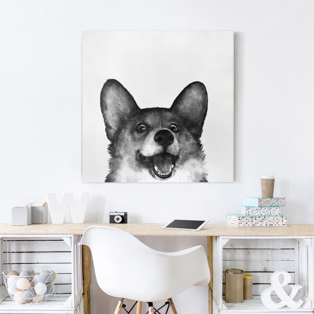 Lienzos de perros Illustration Dog Corgi Black And White Painting
