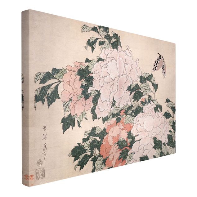 Cuadros famosos Katsushika Hokusai - Pink Peonies With Butterfly