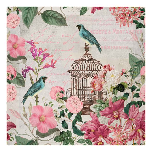 Cuadros de flores modernos Shabby Chic Collage - Pink Flowers And Blue Birds