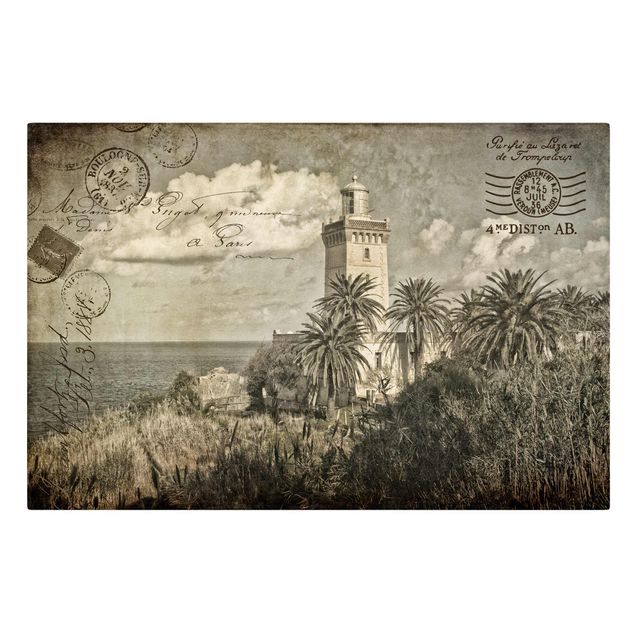 Lienzos de cuadros famosos Vintage Postcard With Lighthouse And Palm Trees