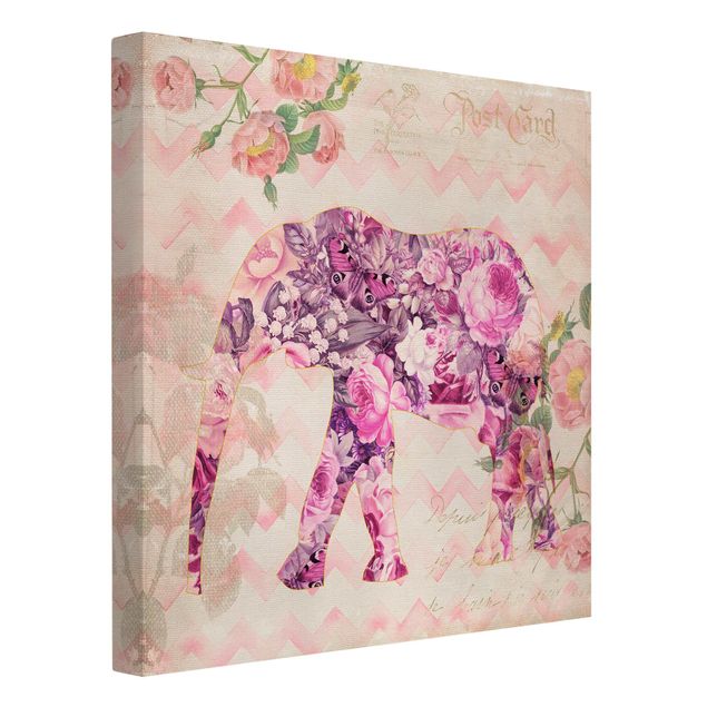 Lienzos de rosas Vintage Collage - Pink Flowers Elephant