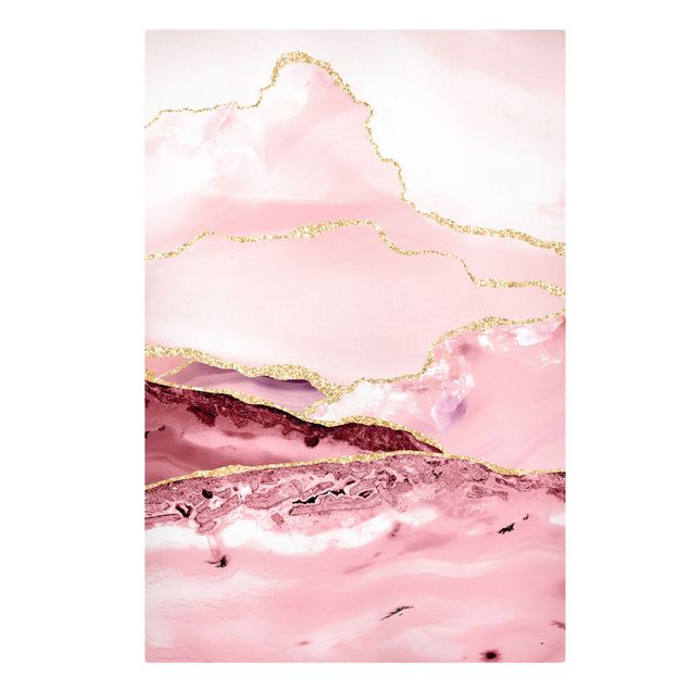 Lienzos de cuadros famosos Abstract Mountains Pink With Golden Lines
