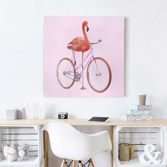 Lienzos de aves Flamingo With Bicycle