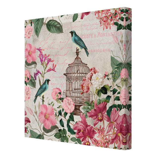 Cuadros en tonos azules Shabby Chic Collage - Pink Flowers And Blue Birds