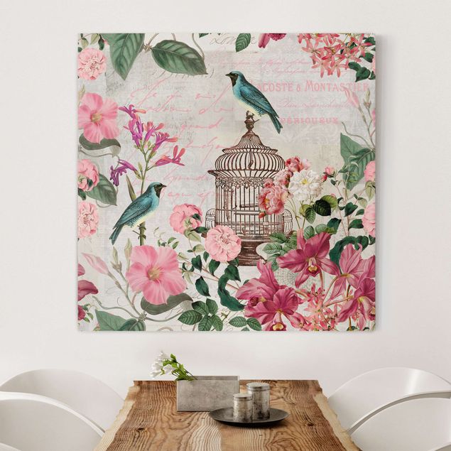 Decoración en la cocina Shabby Chic Collage - Pink Flowers And Blue Birds